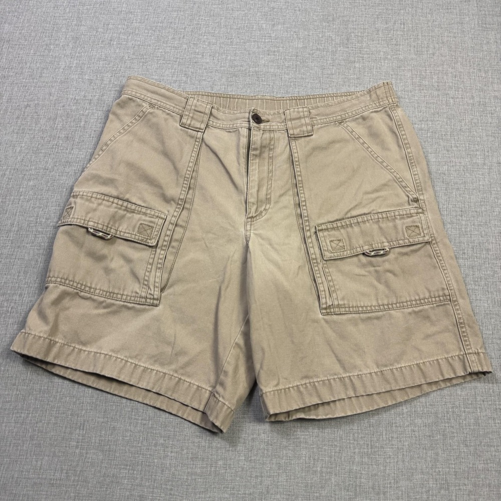 L.L. Bean Pathfinder Cargo Shorts Mens 33 Beige Cotton Canvas 8" Inseam Relaxed